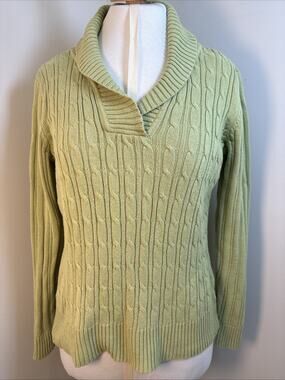 Liz Claiborne Cable Knit 100% Cotton Sweater Sage M Butter Mom Shawl Collar